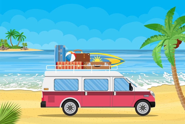 Travel van with surfboard and suitcases on a beach with palms