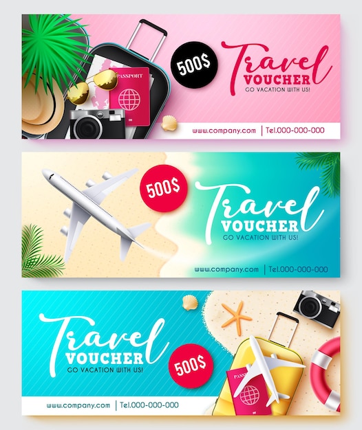 Vector travel voucher vector banner set travel voucher text collection in discount coupon design