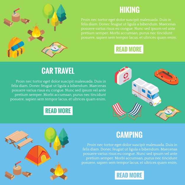 Travel web banner. Camping objects in vector isometric style. Flat 3d isometric design. Family vacation, hiking, picnic, car travel. Camp place in forest. Isolated icons and template design.