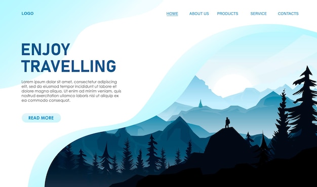 Vector travel web design of landscape concept of website about nature man silhouette on hill mountain covered forest wood tourism natural explore online adventure app banner vector illustration