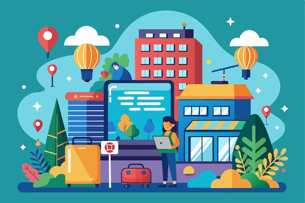 A traveler interacts with a laptop exploring hotel options amidst various buildings and natural elements Hotel booking Customizable Flat Illustration