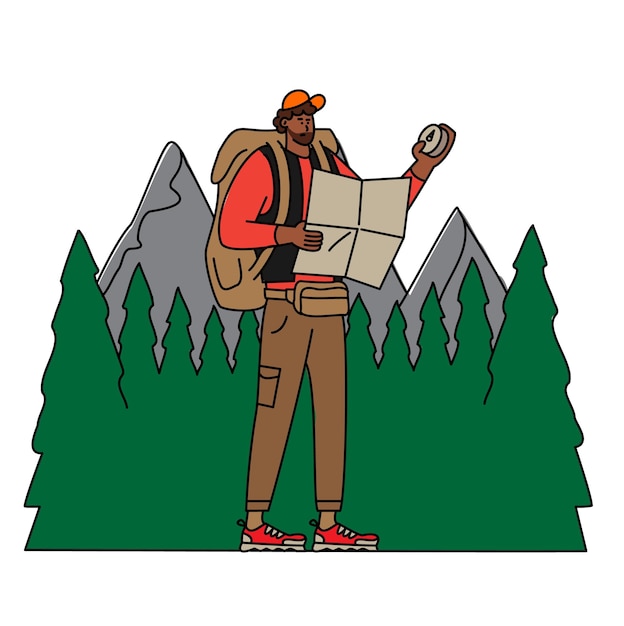 Traveler Navigating Illustration Character Design Holding Compass and Map