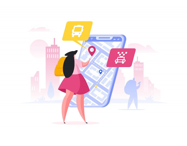 Vector traveler planning route in smartphone app.  cartoon people  illustration