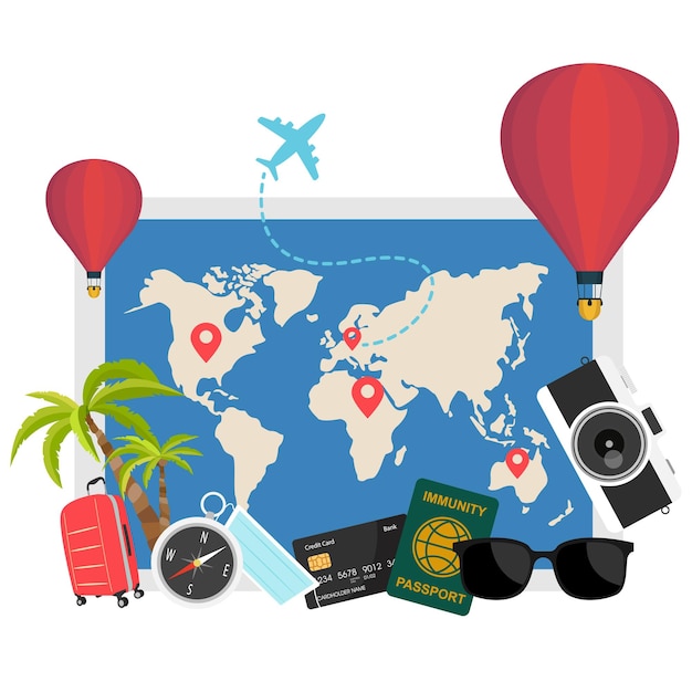 Traveler's desktop with suitcase camera plane ticket passport compass and binoculars travel and vacations concept Safe travel and immunity passport or mask