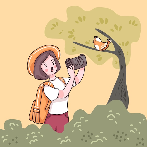 Traveler teenage female with backpack use camera take a photo with bird on tree in forest, cartoon character  style flat  illustration