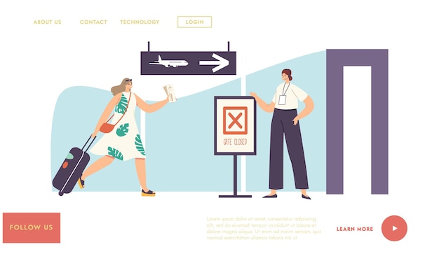 Traveler Troubles with Missed Flight Landing Page Template. Woman Tourist Character with Ticket and Bag Run to Closed Gates in Airport Late for Boarding on Plane. Cartoon People Vector Illustration