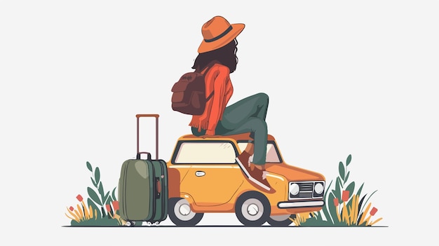 Vector traveler woman sitting on retro suitcase waiting