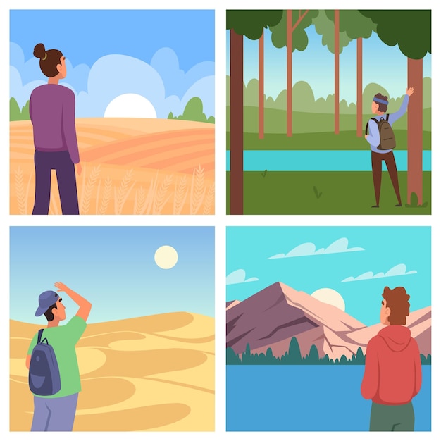 Travelers Male and female characters looking at nature wild and beautiful landscape exact vector exploring background