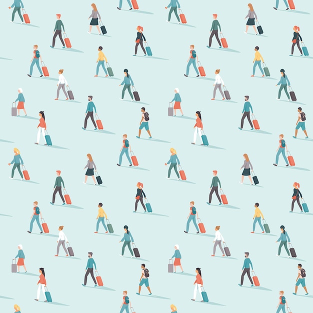 Travelers seamless pattern People going with luggage Travel and transportation theme