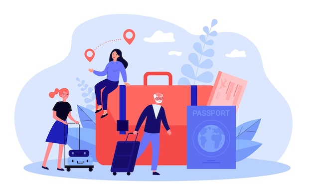 Travelers with bag and suitcase traveling by airplane. Tiny people with tickets, passport and luggage flat vector illustration. Vacation, journey concept for banner, website design or landing web page