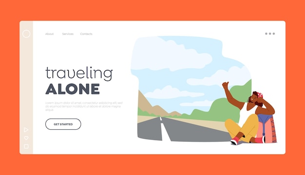 Vector traveling alone landing page template traveler woman with backpack sitting on the side of the road with thumb out