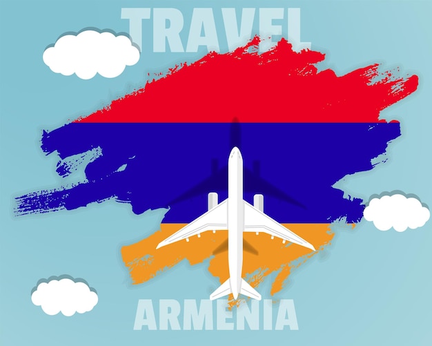 Traveling to Armenia top view passenger plane on Armenia flag country tourism banner idea