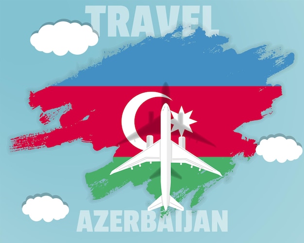 Traveling to Azerbaijan top view passenger plane on Azerbaijan flag country tourism banner idea