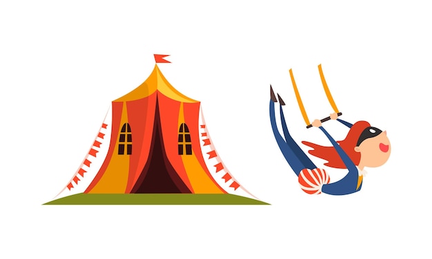 Vector traveling chapiteau circus with tent and woman acrobat performing trick vector set