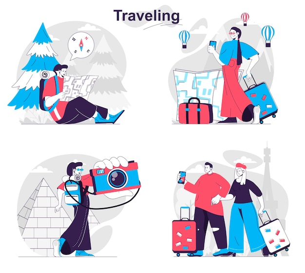 Traveling concept set Tourists with luggage or backpacks travel worldwide trip