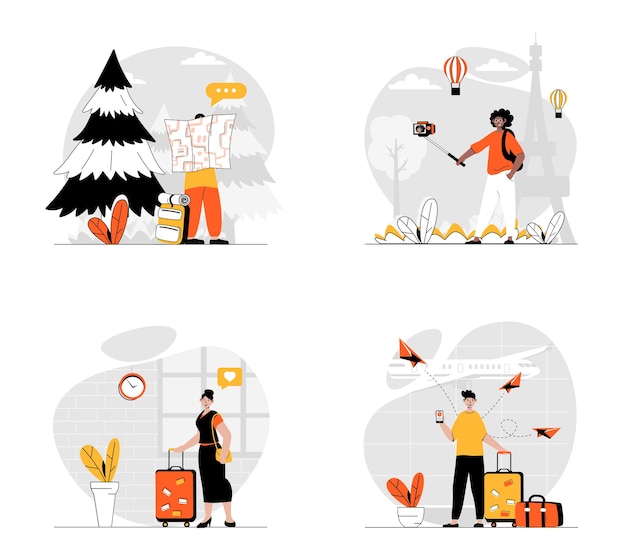 Traveling concept with character set Collection of scenes people with luggage flight and go on vacation hiking in forest and sightseeing trip making selfie Vector illustrations in flat web design