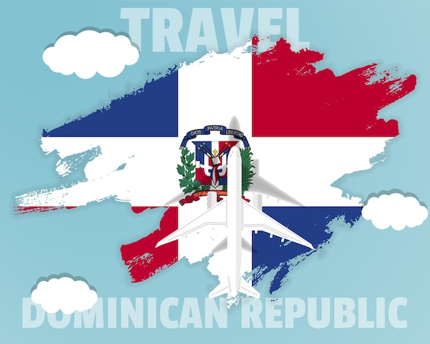 Traveling to Dominican Republic top view passenger plane on Dominican flag country tourism banner