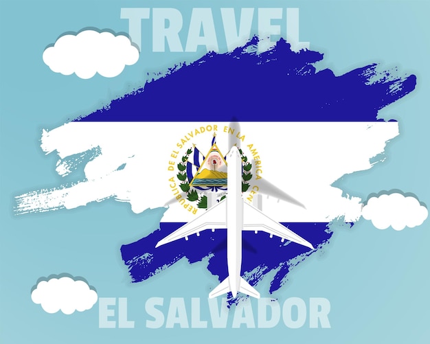 Traveling to El Salvador top view passenger plane on El Salvador flag country tourism banner idea