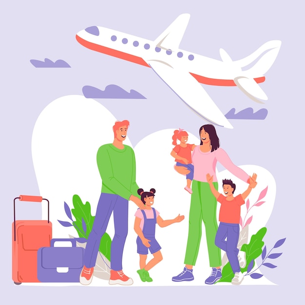 Traveling family of mother father and children waiting for a flight flat vector illustration