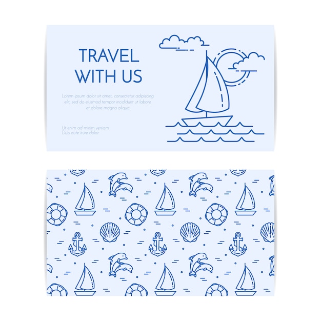 Traveling horizontal banner with sailboat on waves