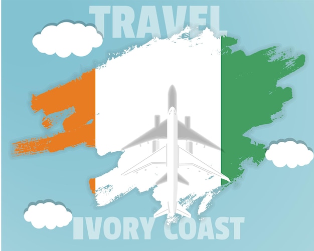 Traveling to Ivory Coast top view passenger plane on Ivory Coast flag country tourism banner idea