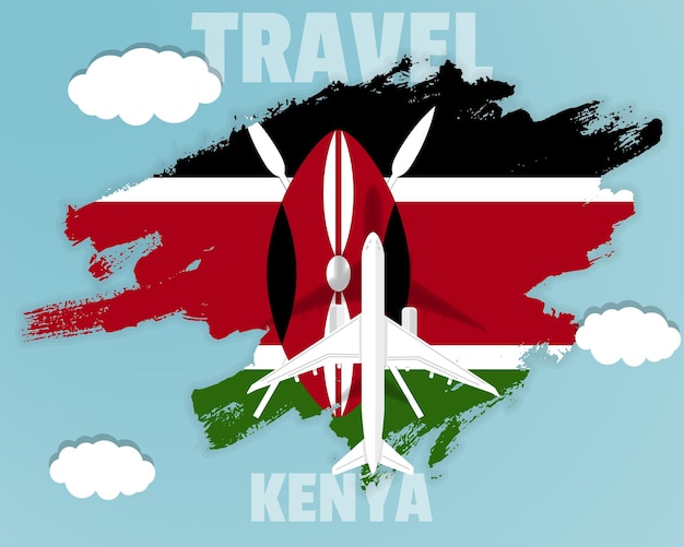 Traveling to Kenya top view passenger plane on Kenya flag country tourism banner idea