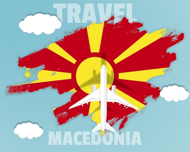 Traveling to Macedonia top view passenger plane on Macedonia flag country tourism banner idea