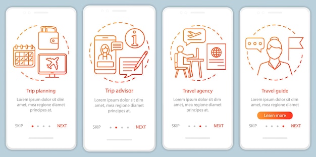 Traveling onboarding mobile app page screen with linear concepts