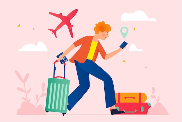 Traveling pink concept with people scene in the flat cartoon style Guy with a suitcase