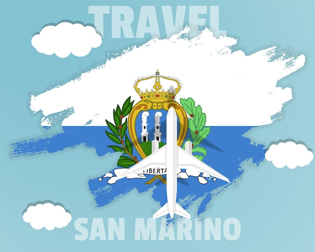 Traveling to San Marino top view passenger plane on San Marino flag country tourism banner idea