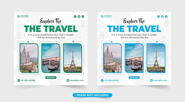 Traveling social media posts or web banner template vector with blue and green colors Touring business agency advertisement template design Family vacation planner agency flyer with abstract shapes