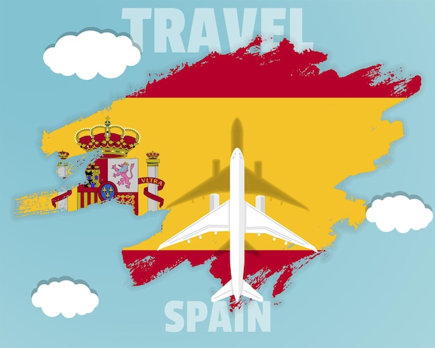 Traveling to Spain top view passenger plane on Spain flag country tourism banner idea