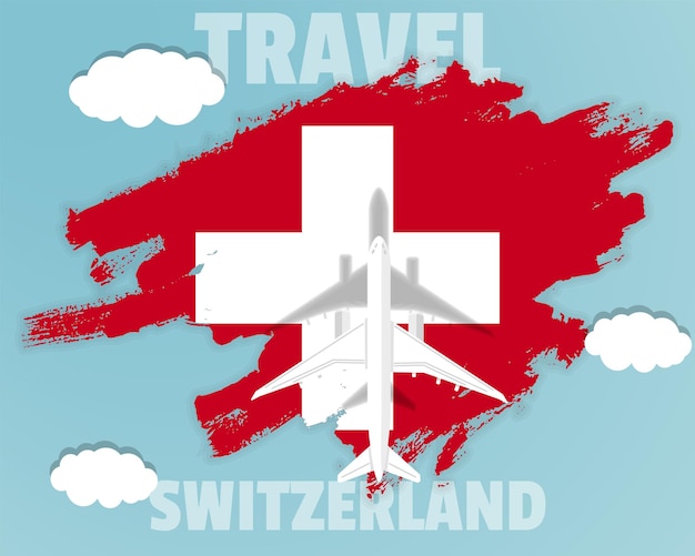 Traveling to Switzerland top view passenger plane on Switzerland flag country tourism banner idea