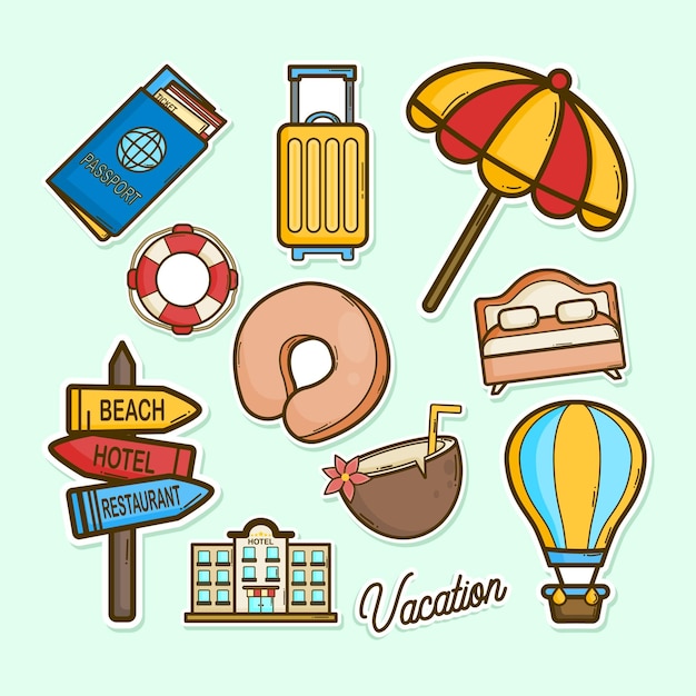 Vector traveling and vacation object cute sticker set illustration