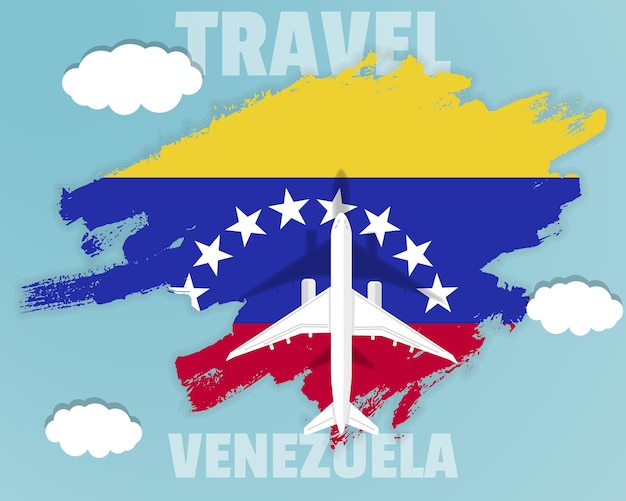 Traveling to Venezuela top view passenger plane on Venezuela flag country tourism banner idea