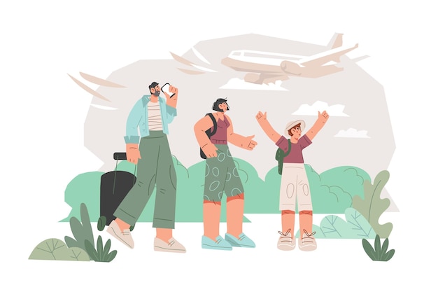 Traveling with family by flight flat vector illustration isolated on a white background Tourists waiting for plane in airport family flight travel banner