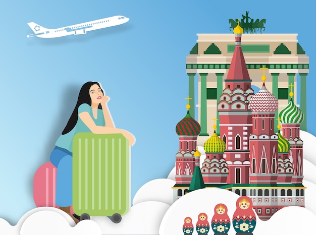 Traveling woman with suitcase on Moscow background