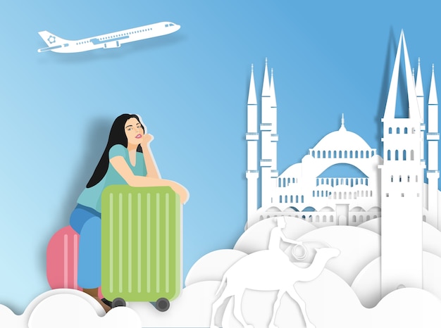 Traveling woman with suitcase on Turkey background