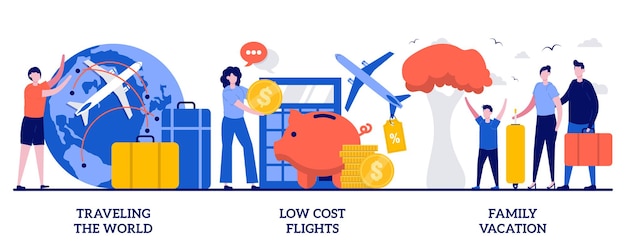 Traveling the world, low cost flights, family vacation concept with tiny people. Holiday trip abstract vector illustration set. Cheap plane ticket, summer recreation and adventure metaphor.