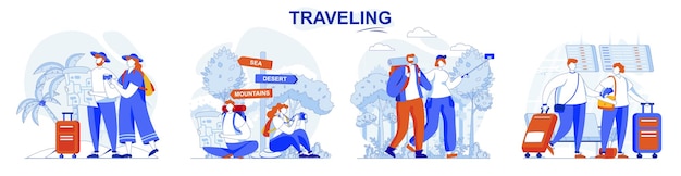 travelling concept set travelers fly on vacation tourists take trip journey