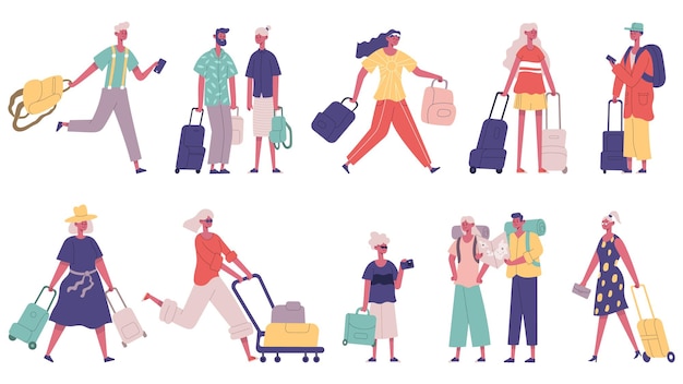 Travelling summer vacation tourist male and female characters. Tourist with luggage at airport vector illustration set. Travellers mascots