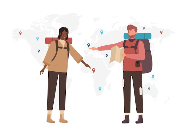 Vector travelling tourists with backpacks and paper map