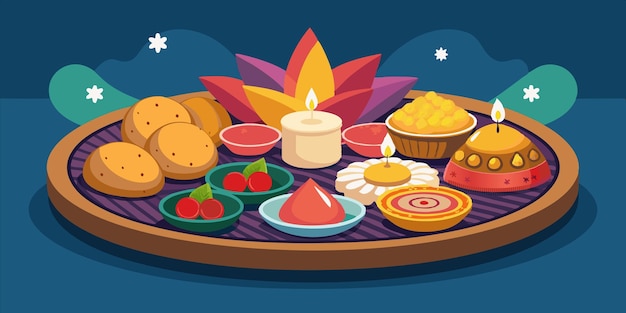 Vector a tray of food with a candle and a flower on it