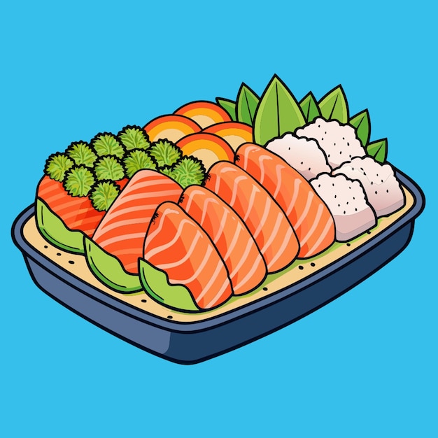 a tray of sushi with a blue background with a drawing of salmon