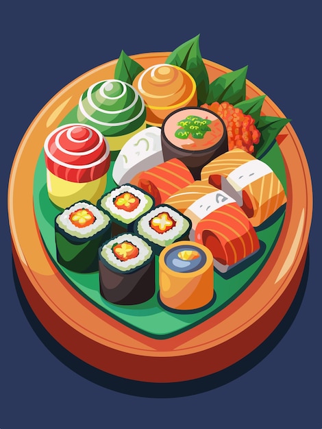 Vector a tray of sushi with a blue background with a green plate with sushi on it