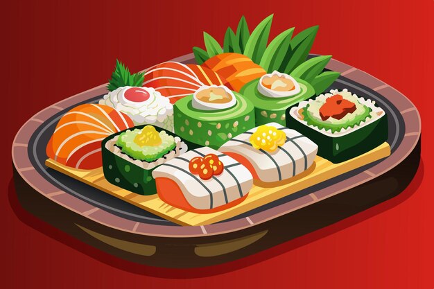 Vector a tray of sushi with different sushi on it