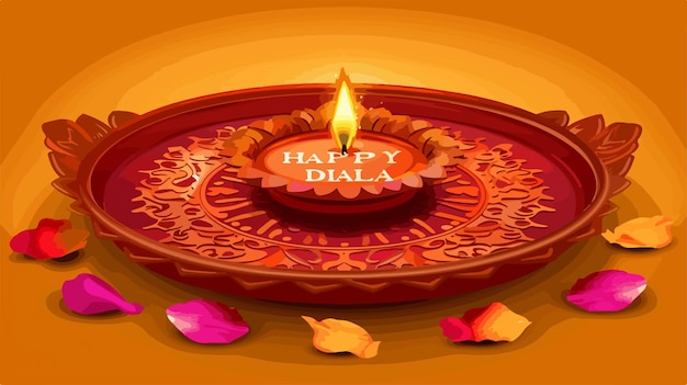 Vector tray with text happy diwali and flower petals on colorful background