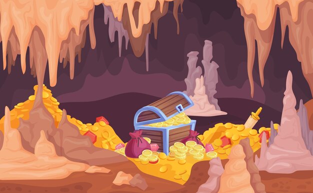 Vector treasure cave pirate chest with hidden money jewelery pile gold coins in ancient wooden box fairytale treasury golden cash gems at underground mine cartoon vector illustration