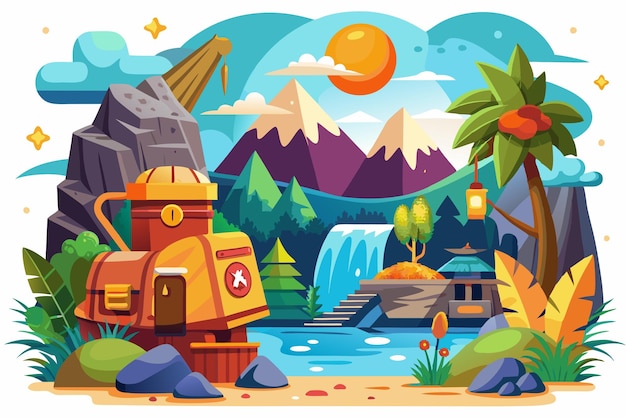 Vector treasure chest by a tropical waterfall in a mountainous landscape