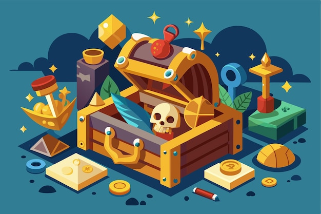 Vector a treasure chest overflows with jewels coins and a skull surrounded by colorful artifacts in a whimsical fantasy landscape